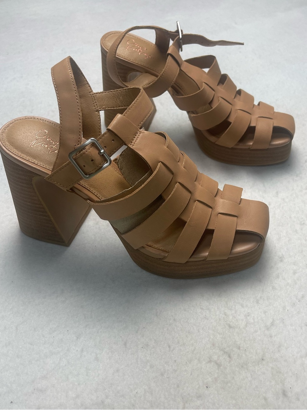 Crown Vintage Tan Strappy Platform Block Heel Sandals